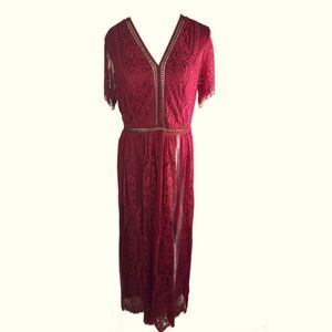 Vintage Inspired Burgundy Lace Short Sleeve Maxi Dress Size L